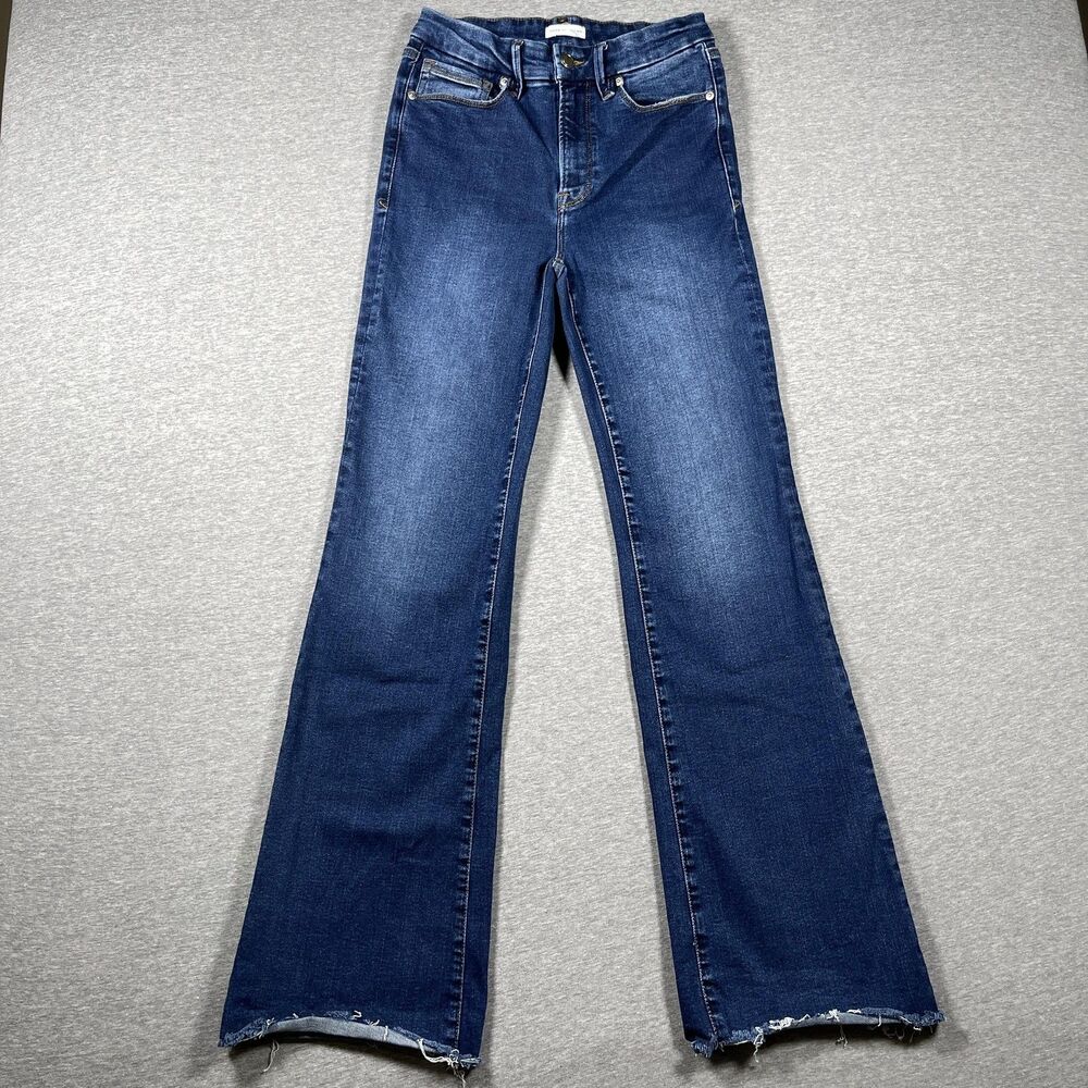 Good American Jeans Womens 6 Blue Medium Wash Flared High Rise Frayed Hem Denim